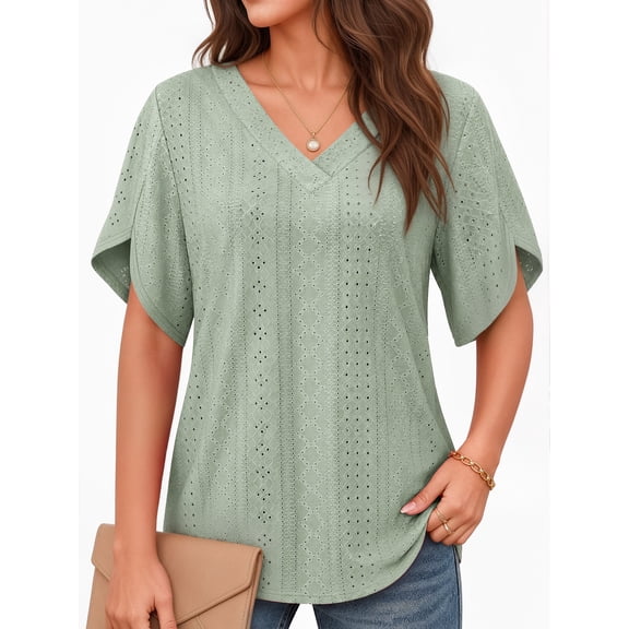MOYIKO Eyelet Blouses for Women Dressy Casual V Neck Short Sleeve T Shirts Summer Trendy Basic Tees Tunic Tops Loose Fit