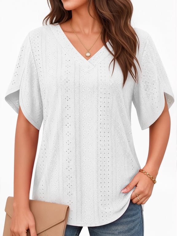 Eyelet Blouses for Women Dressy Casual V Neck Short Sleeve T Shirts Summer Trendy Basic Tees Tunic Tops Loose Fit