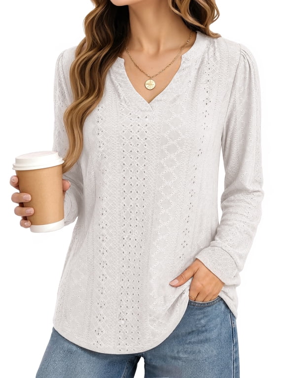 Eyelet Blouses for Women Dressy Casual Long Sleeve V Neck Fall Trendy Work Daily Wear Tops