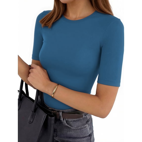 MOYIKO Half Sleeve T Shirts for Women Summer Trendy Crewneck Tops Spring Casual Slim Fitted Basic Tees