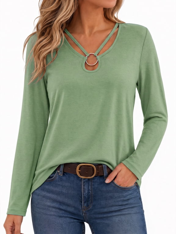 Keyhole Neck Long Sleeve Shirts for Women Cut Out Ring Crew Neck Tee Tops Loose Fit Casual Clothes