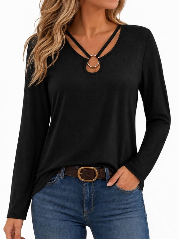 Keyhole Neck Long Sleeve Shirts for Women Cut Out Ring Crew Neck Tee Tops Loose Fit Casual Clothes