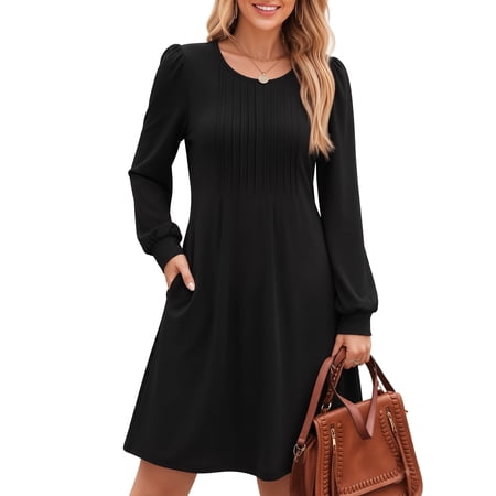 MOYIKO Long Sleeve Fall Dresses for Women Pleated Crew Neck Midi Dress Casual Dress with Pockets