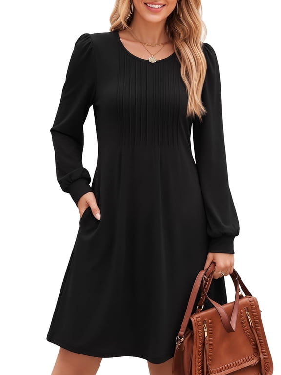 Long Sleeve Fall Dresses for Women Pleated Crew Neck Midi Dress Casual Dress with Pockets