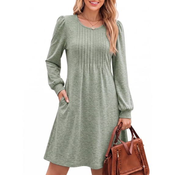 MOYIKO Long Sleeve Fall Dresses for Women Pleated Crew Neck Dress Casual Fashion Dresses with Pockets