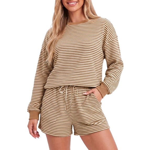 MOYIKO Matching Sets for Women Long Sleeve Oversized Tops and Shorts Sets Fall Outfits with Pockets Size L