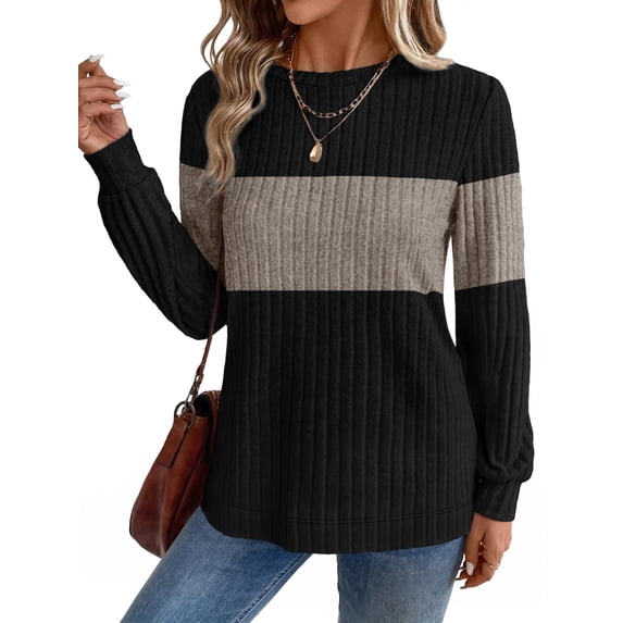 MOYIKO Long Sleeve Shirts for Women Casual Tunic Tops Color Block Crewneck Pullover Lightweight Sweaters