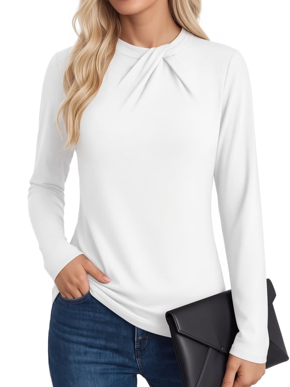 Twist Knot Mock Neck Tops for Women Long Sleeve Shirts Business Casual Clothes White Size L