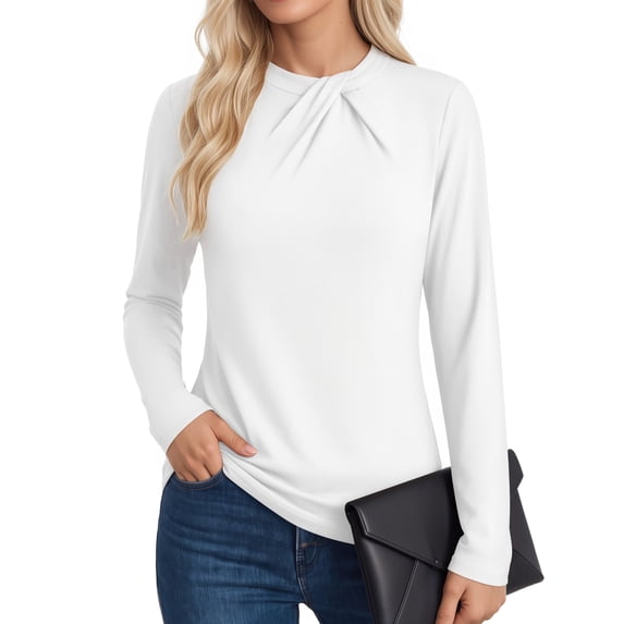 MOYIKO Twist Knot Mock Neck Tops for Women Long Sleeve Shirts Business Casual Clothes White Size XXXL