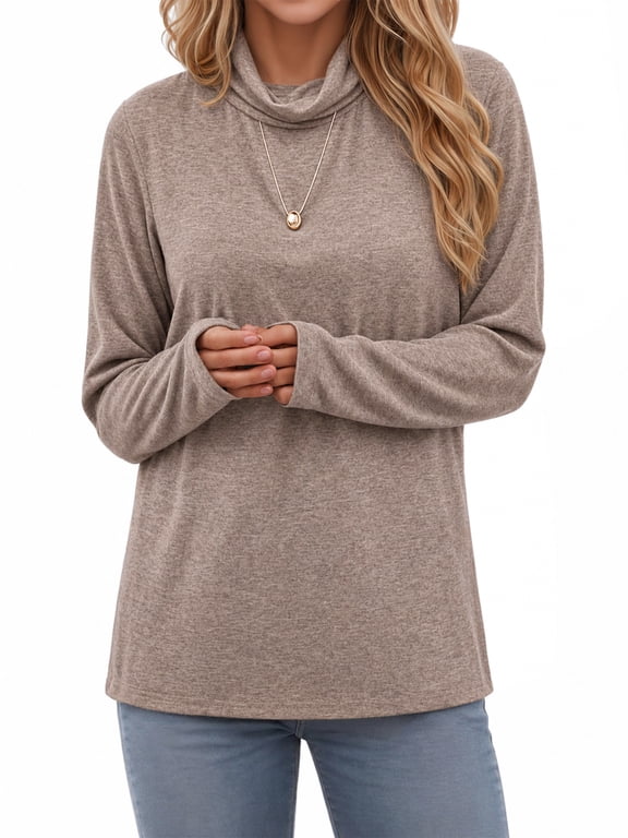 Mock Cowl Neck Long Sleeve Shirts for Women Casual Relaxed Loose Fit Pullover Shirt