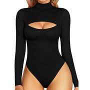 MOYIKO Mock Neck Cutout Front Tops Long Sleeve Body Suits for Womens,Size S-XXL