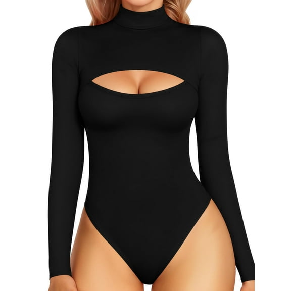 MOYIKO Mock Neck Cutout Front Tops Long Sleeve Body Suits for Womens,Size S-XXL