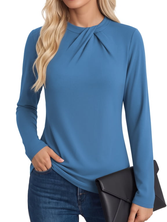 Mock Neck Twist Knot Tops for Women Long Sleeve Shirts Business Casual Fall Clothes Blue Size M