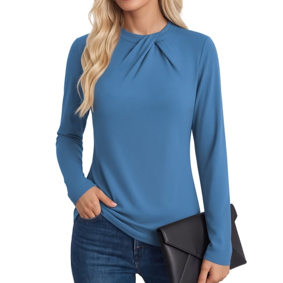 MOYIKO Mock Neck Twist Knot Tops for Women Long Sleeve Shirts Business Casual Fall Clothes Blue Size XL