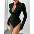 thumbnail image 1 of MOYIKO Mock Turtle Neck Zip Up Long Sleeve Bodysuit Deep V Sexy Womens Tops (Black,XX-Large), 1 of 7