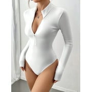 MOYIKO Mock Turtle Neck Zip Up Long Sleeve Bodysuit Deep V Sexy Womens Tops,Size S-XXL