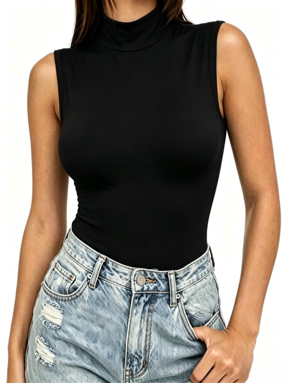 Mock Turtleneck for Women Fitted Sleeveless Tops Tight Shirts Tees