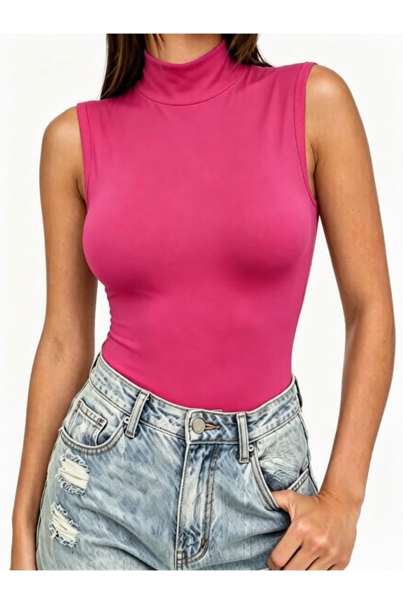 Mock Turtleneck for Women Fitted Sleeveless Tops Tight Shirts Tees