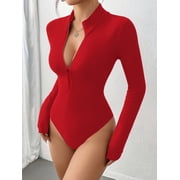 MOYIKO Mock Turtleneck for Women Zip up Long Sleeve Body Suits Womens Fitted Tight Tops
