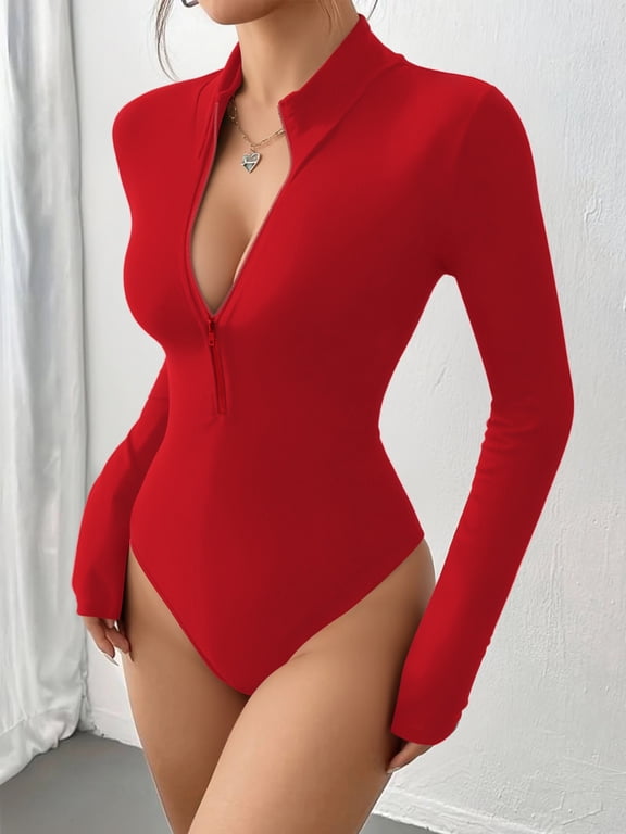 Mock Turtleneck for Women Zip up Long Sleeve Body Suits Womens Fitted Tight Tops