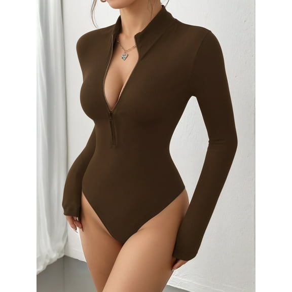 MOYIKO Mock Turtleneck for Women Zip up Long Sleeve Body Suits Womens Fitted Tight Tops