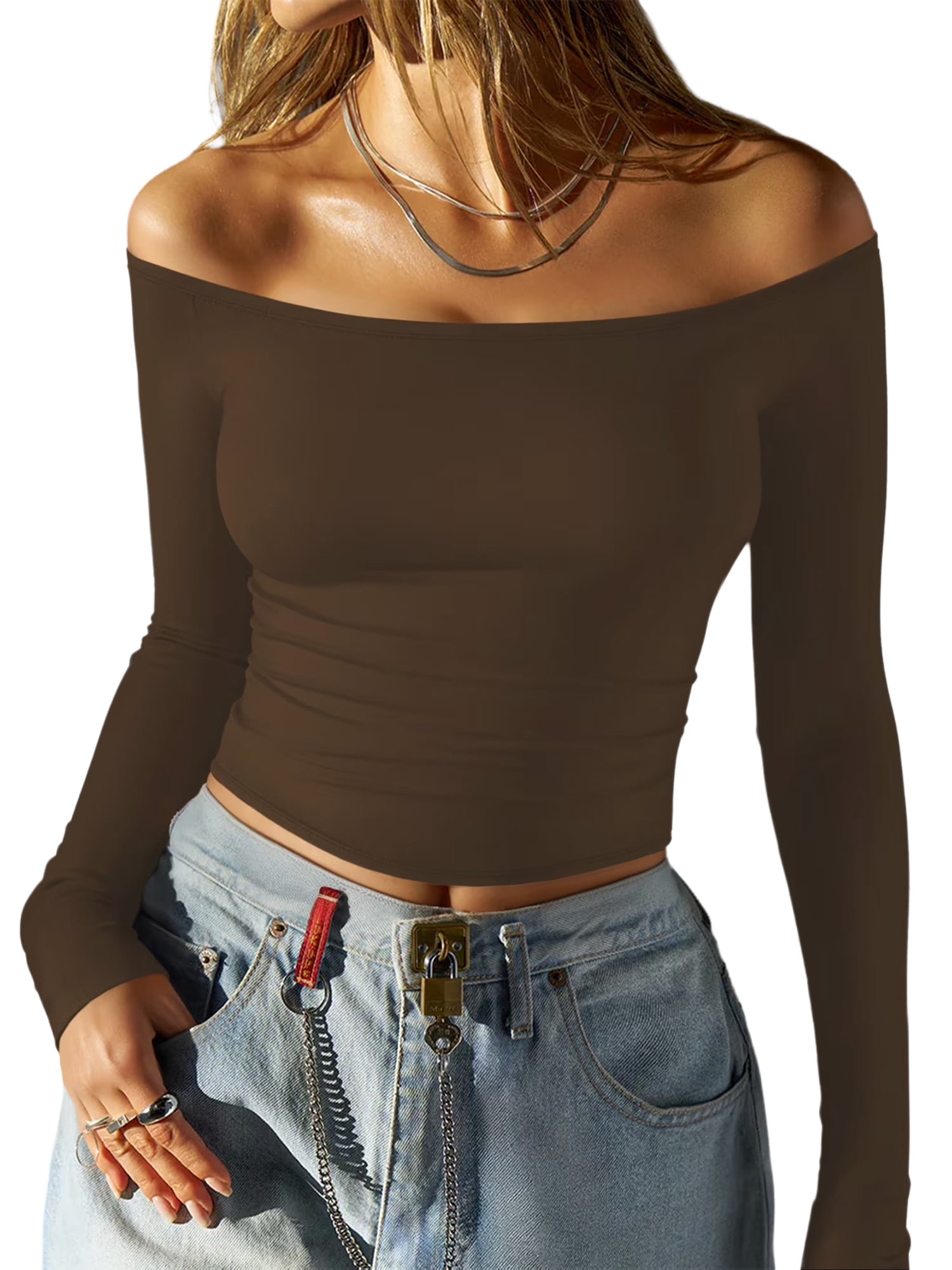 Fitted Tops MOYIKO Off The Shoulder Tops For Women Fitted Long Sleeve Shirts ...