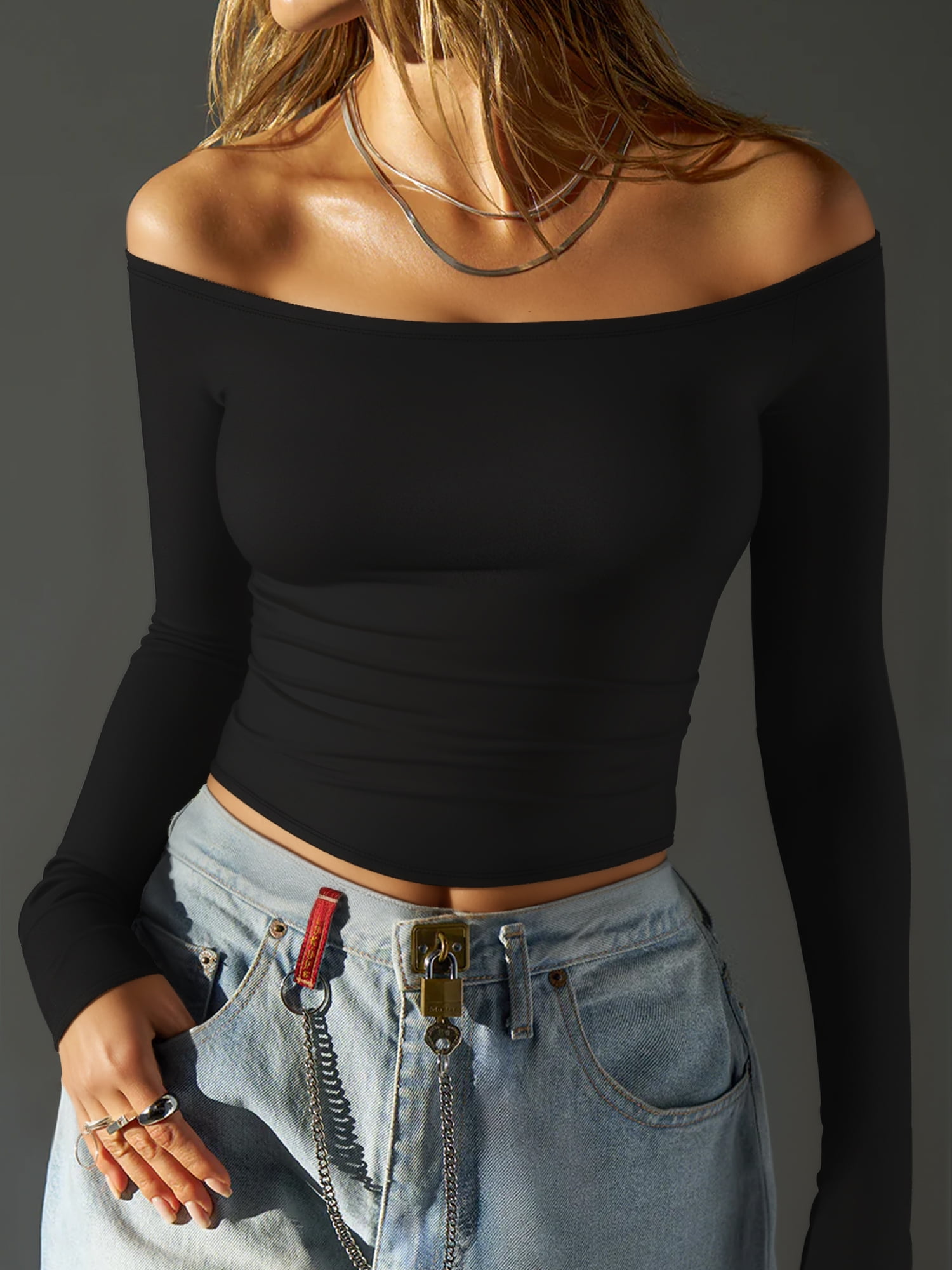 MOYIKO Off The Shoulder Tops For Women Fitted Long Sleeve Shirts Elegant - Walmart.com