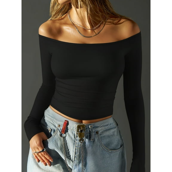 MOYIKO Off The Shoulder Tops For Women Fitted Long Sleeve Shirts Elegant