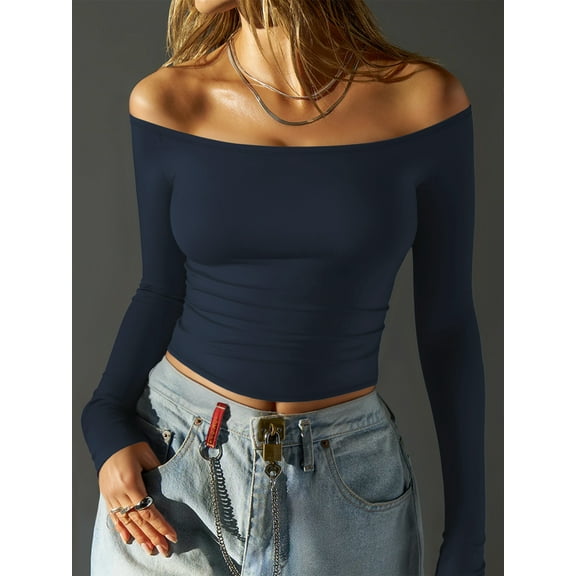 MOYIKO Off The Shoulder Tops For Women Fitted Long Sleeve Shirts Elegant