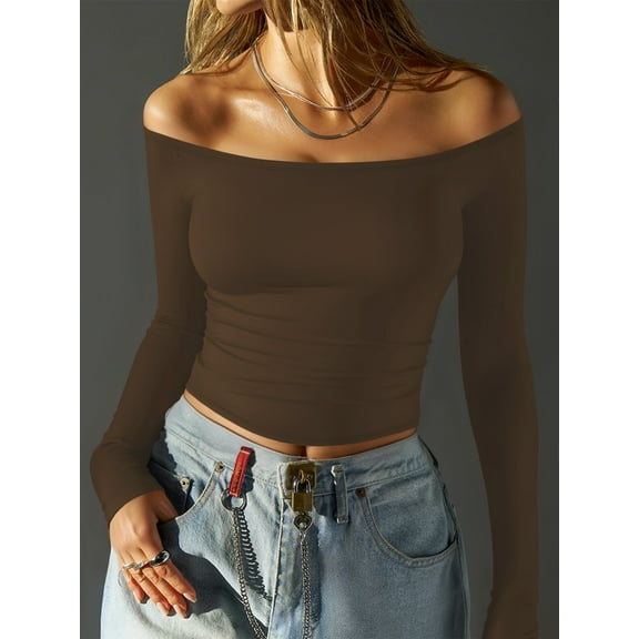 MOYIKO Off The Shoulder Tops For Women Fitted Long Sleeve Shirts Elegant