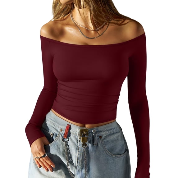 MOYIKO Off The Shoulder Tops For Women Fitted Long Sleeve Shirts Elegant