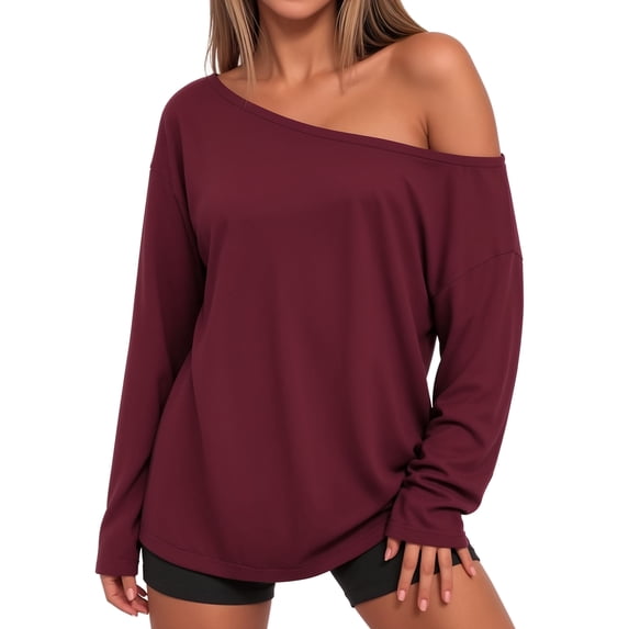 MOYIKO Off the Shoulder Tops for Women Oversized Tshirts Long Sleeve Casual Basic Tees Shirts Loose Fit