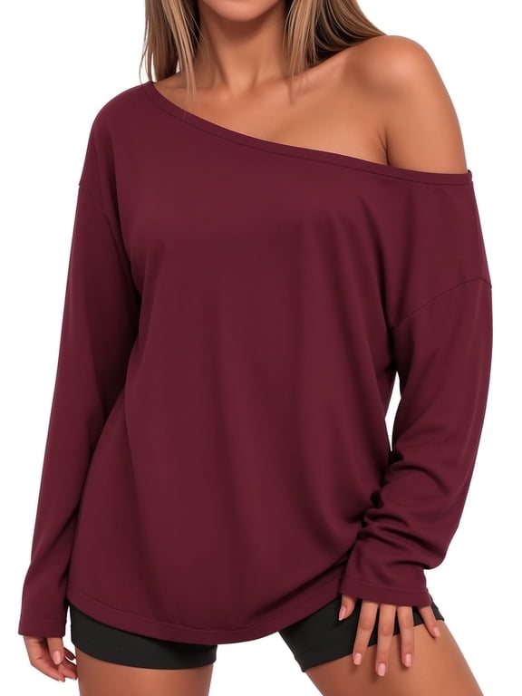 Off the Shoulder Tops for Women Oversized Tshirts Long Sleeve Casual Basic Tees Shirts Loose Fit