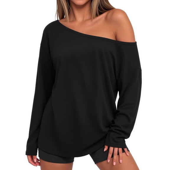 MOYIKO Off the Shoulder Tops for Women Oversized Tshirts Long Sleeve Casual Basic Tees Shirts Loose Fit