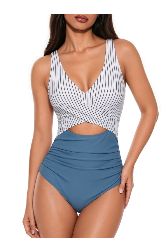 One Piece Swimsuits for Women Tummy Control High Waisted Bathing Suit Sexy V Neck Wrap Tie Back 1 Piece Swimsuit