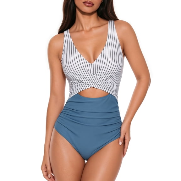 MOYIKO One Piece Swimsuits for Women Tummy Control High Waisted Bathing Suit Sexy V Neck Wrap Tie Back 1 Piece Swimsuit