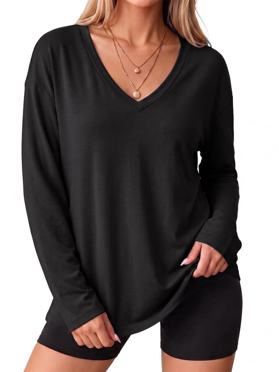 Oversized Long Sleeve T Shirts for Women V Neck Loose Fit Trendy Casual Tops Blouses