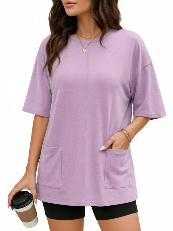 Oversized T Shirts for Women Half Sleeve Crewneck Loose Fit Tees Summer Tops with Pockets