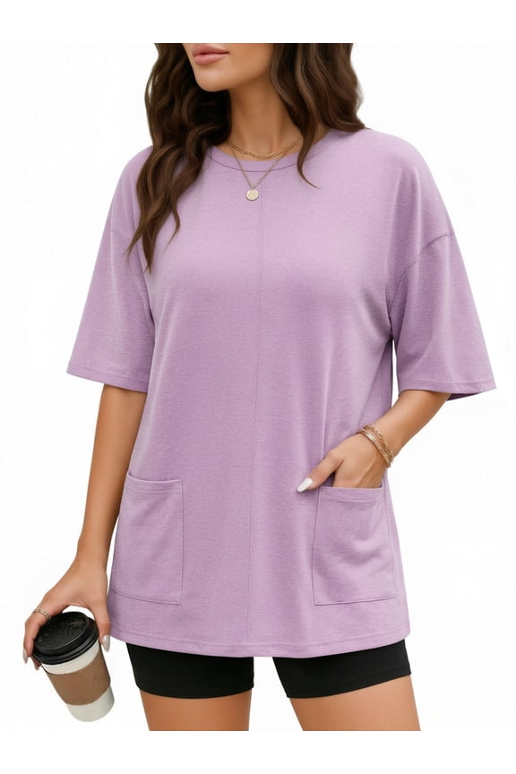 Oversized T Shirts for Women Half Sleeve Crewneck Loose Fit Tees Summer Tops with Pockets