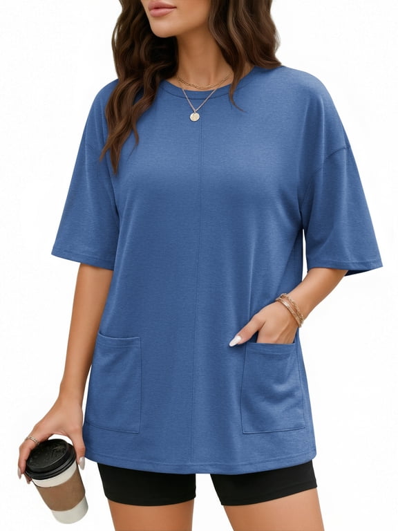 Oversized T Shirts for Women Half Sleeve Crewneck Loose Fit Tees Summer Tops with Pockets