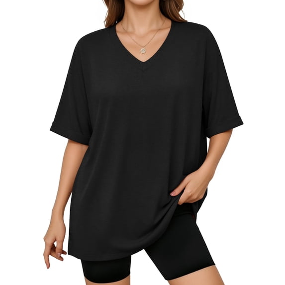 MOYIKO Oversized T shirts for Women V Neck Short Sleeve Loose Tees Summer Casual Basic Tops