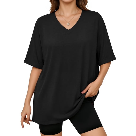 MOYIKO Oversized T shirts for Women V Neck Short Sleeve Loose Tees Summer Casual Basic Tops