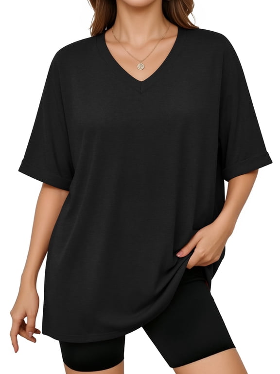 Oversized T shirts for Women V Neck Short Sleeve Loose Tees Summer Casual Basic Tops