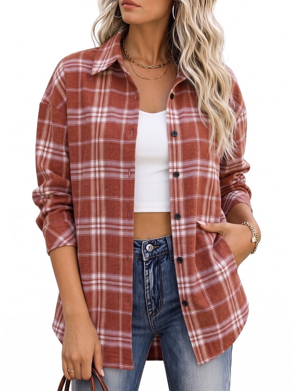 Plaid Long Sleeve Shirts for Women Button Down Tops Loose Fit Casual Blouse Clothes
