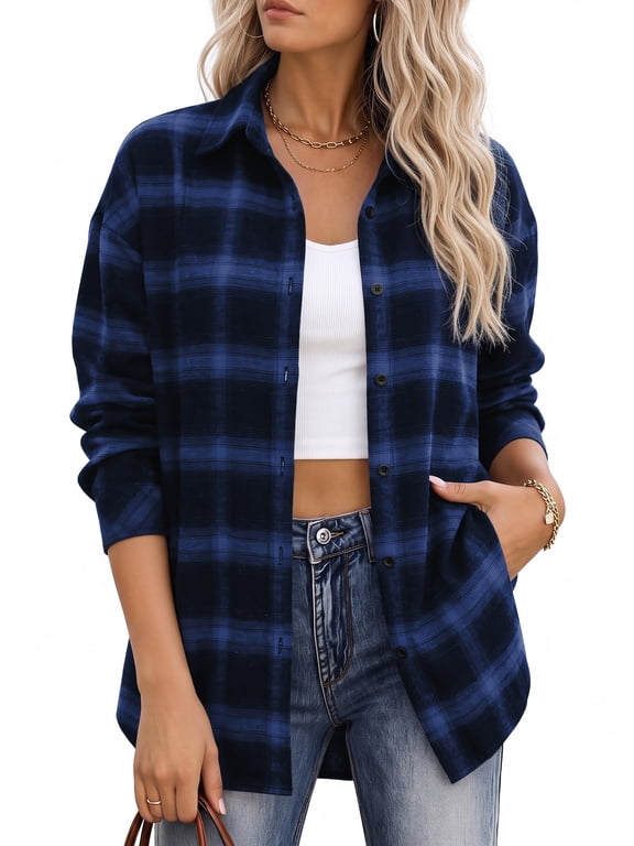 Plaid Shirts for Women Button Down Long Sleeve Tops Casual Loose Fit Blouses Shirt