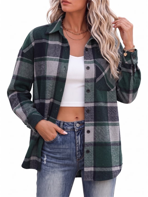 Plaid Shackets for Women Long Sleeve Button Down Shirts Fall Coats Fashion Jackets