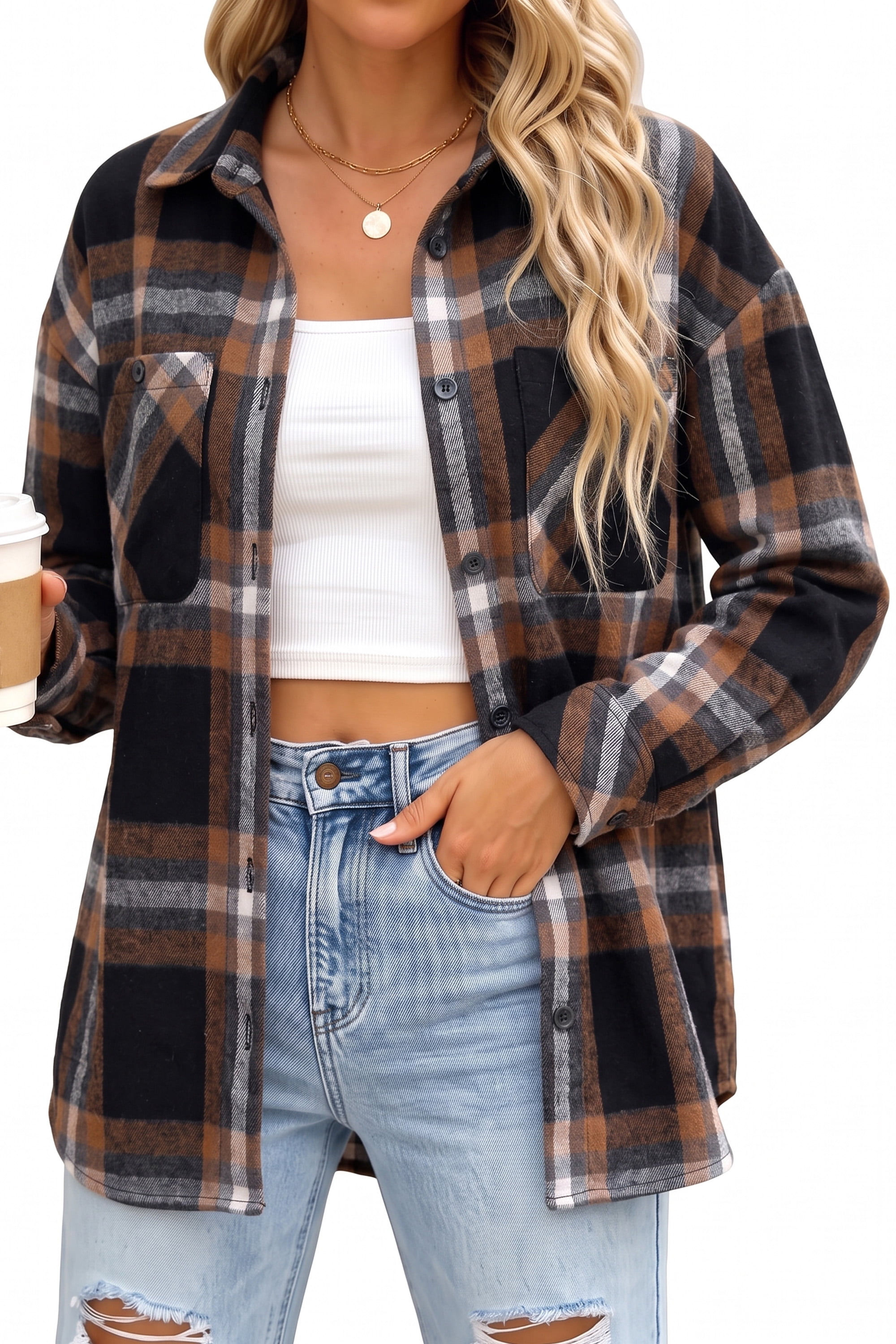 MOYIKO Plaid Shirts for Women Button Down Shirts Casual Loose Fit Long Sleeve Blouse Tops with Pockets