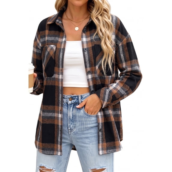 MOYIKO Plaid Shirts for Women Button Down Shirts Casual Loose Fit Long Sleeve Blouse Tops with Pockets