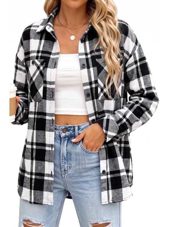 Plaid Shirts for Women Button Down Shirts Casual Loose Fit Long Sleeve Blouse Tops with Pockets