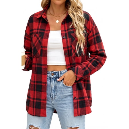 MOYIKO Plaid Shirts for Women Button Down Shirts Casual Loose Fit Long Sleeve Blouse Tops with Pockets